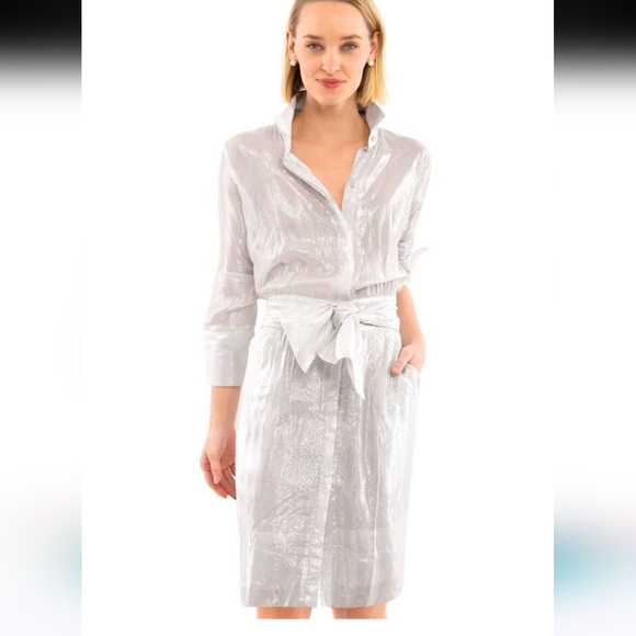GRETCHEN SCOTT Breezy Blouson Dress- Glinda lurex -silver/white. Size Medium - Picture 1 of 16